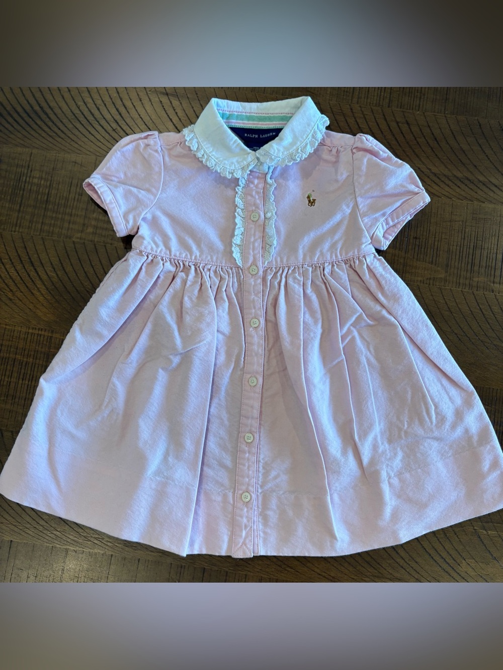 Short Sleeve Pink Button Peter Pan Ruffled Collar Cotton Dress